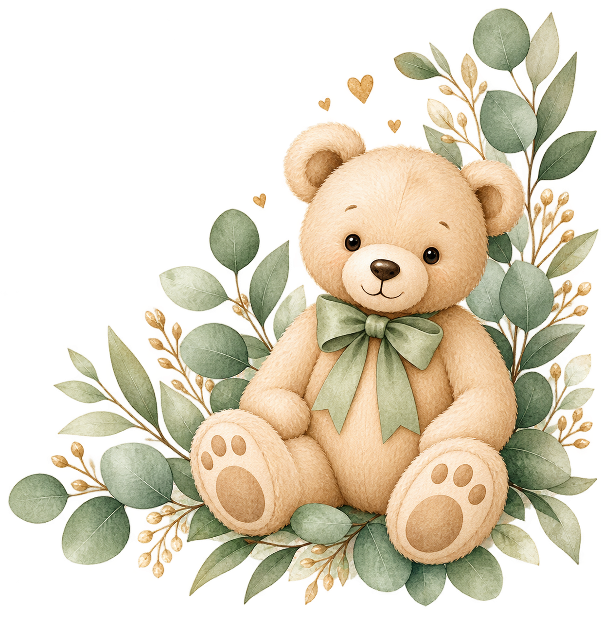 Watercolour teddy bear surrounded by eucalyptus